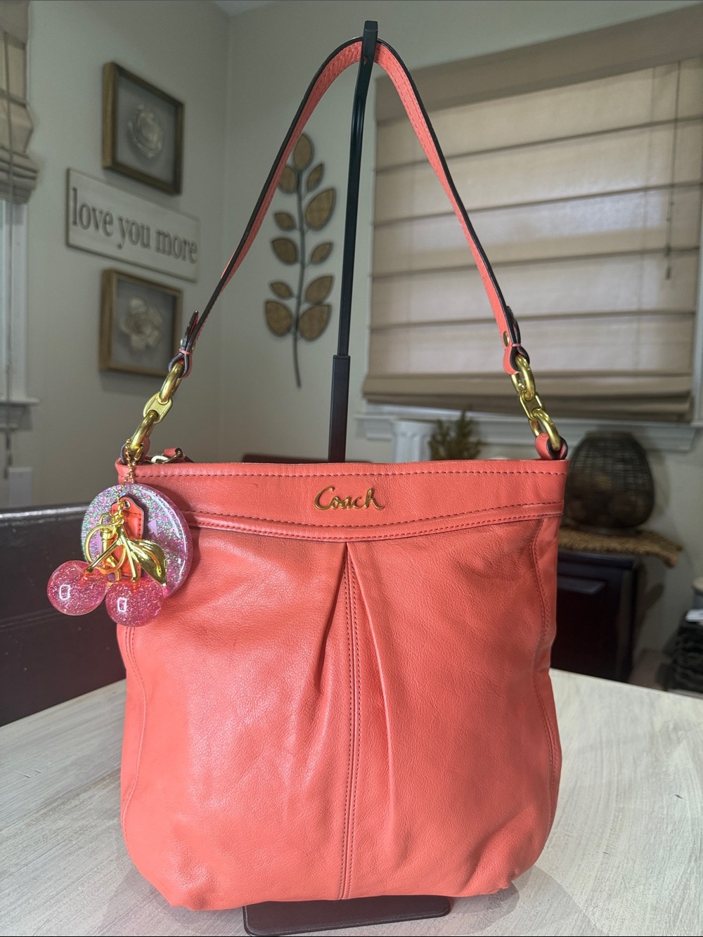 Vintage Y2K Coach Coral-Peach Leather Shoulder Bag with Leather Cherry Charm